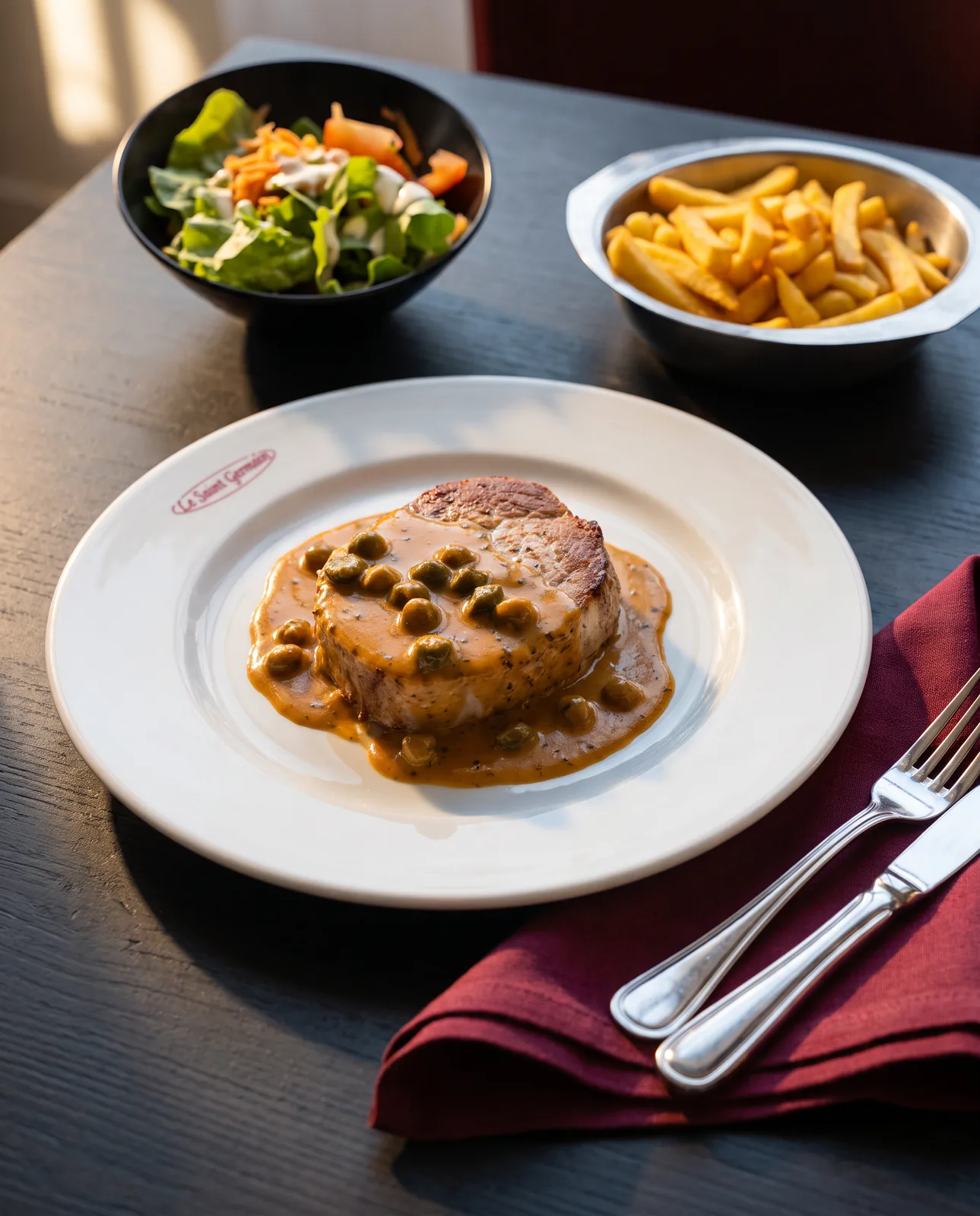 Filet de porc sauce à l'Berdouille, salade et frites
