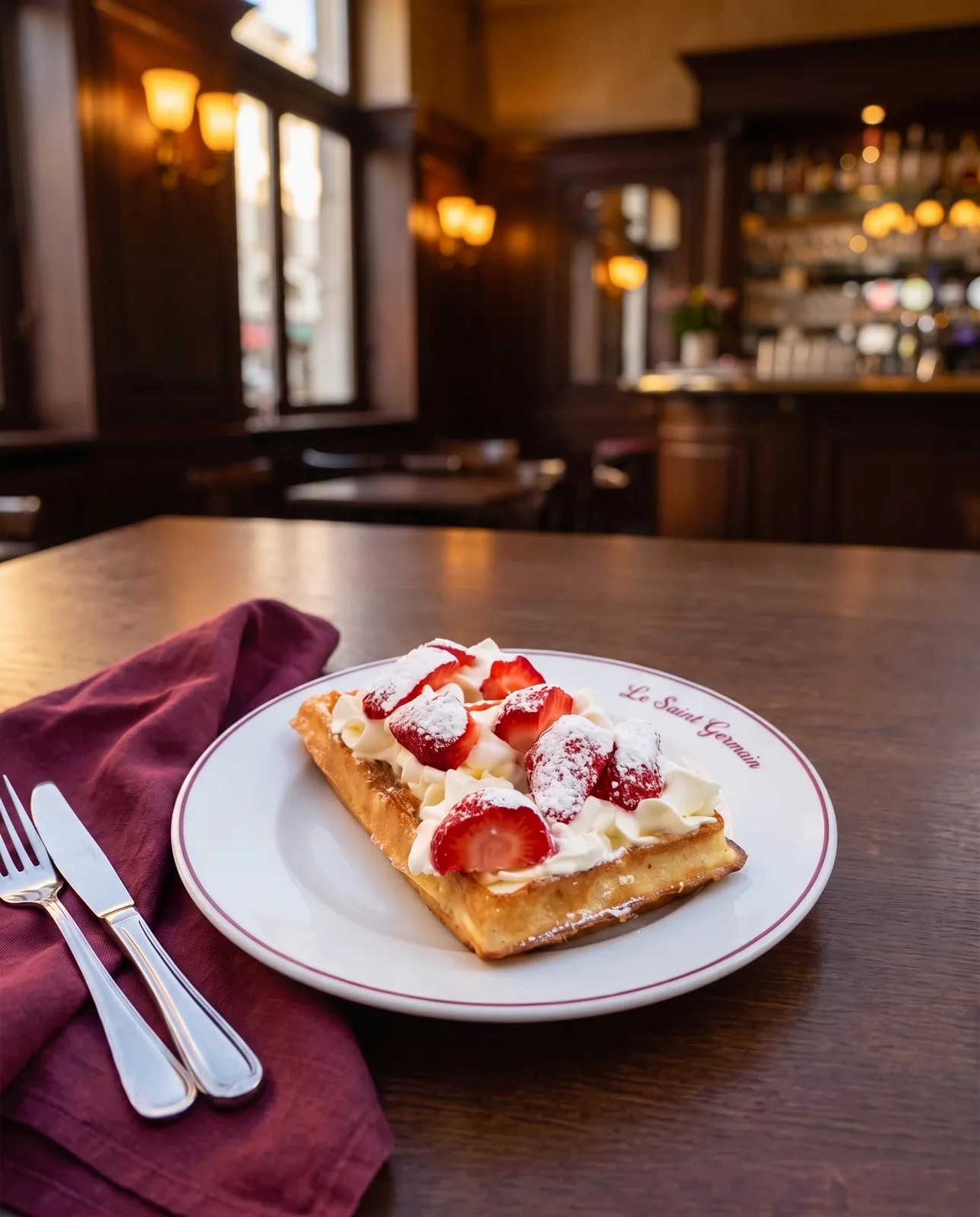 Gaufre chantilly et fraises servie en salle, le bar en arrière-plan