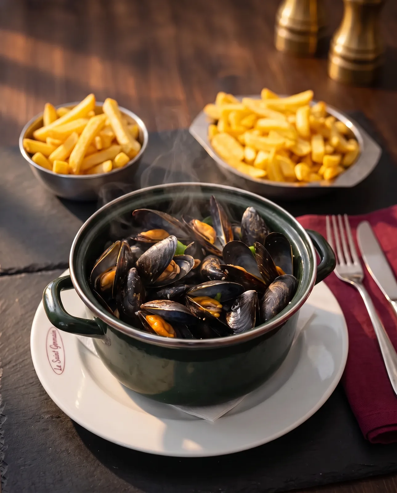 Cocotte de moules marinières et frites fraîches
