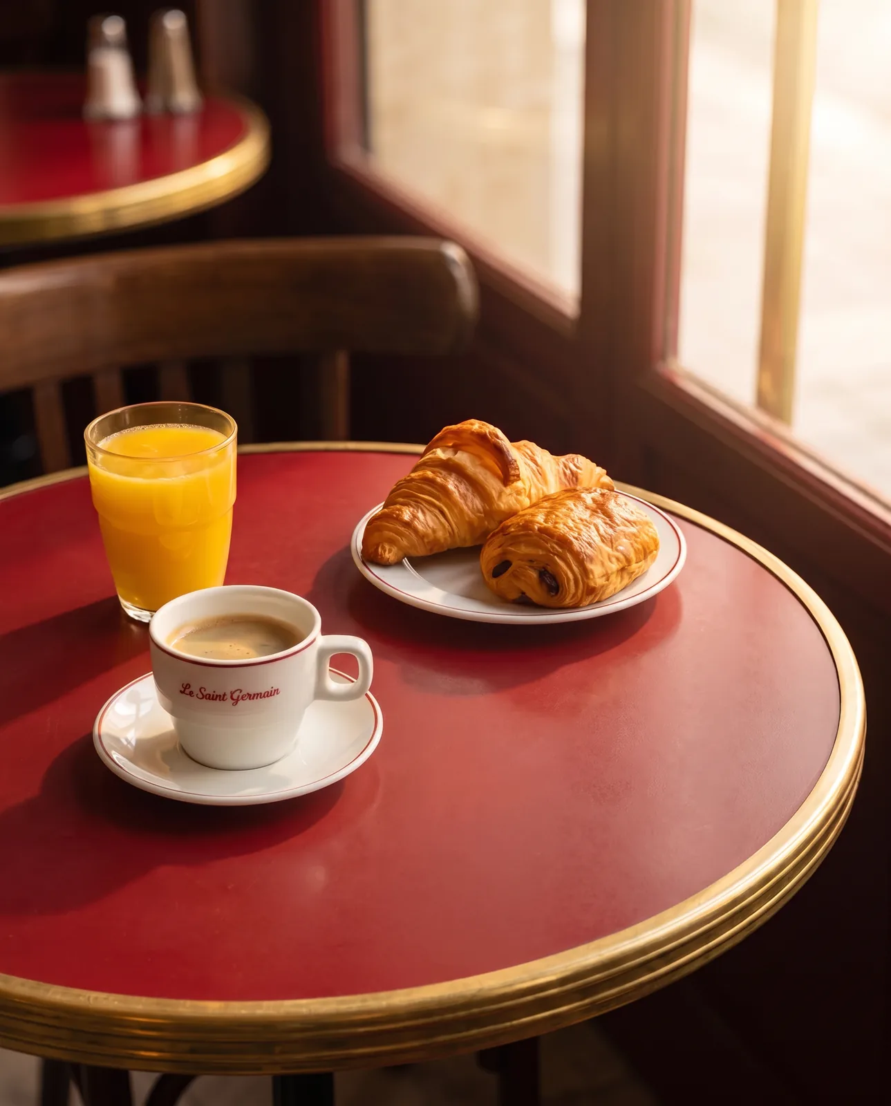 La formule petit-déjeuner : café, jus d'orange pressée, croissant et pain au chocolat